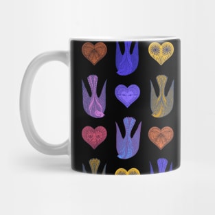 Lovely love birds with hearts pattern on black background Mug